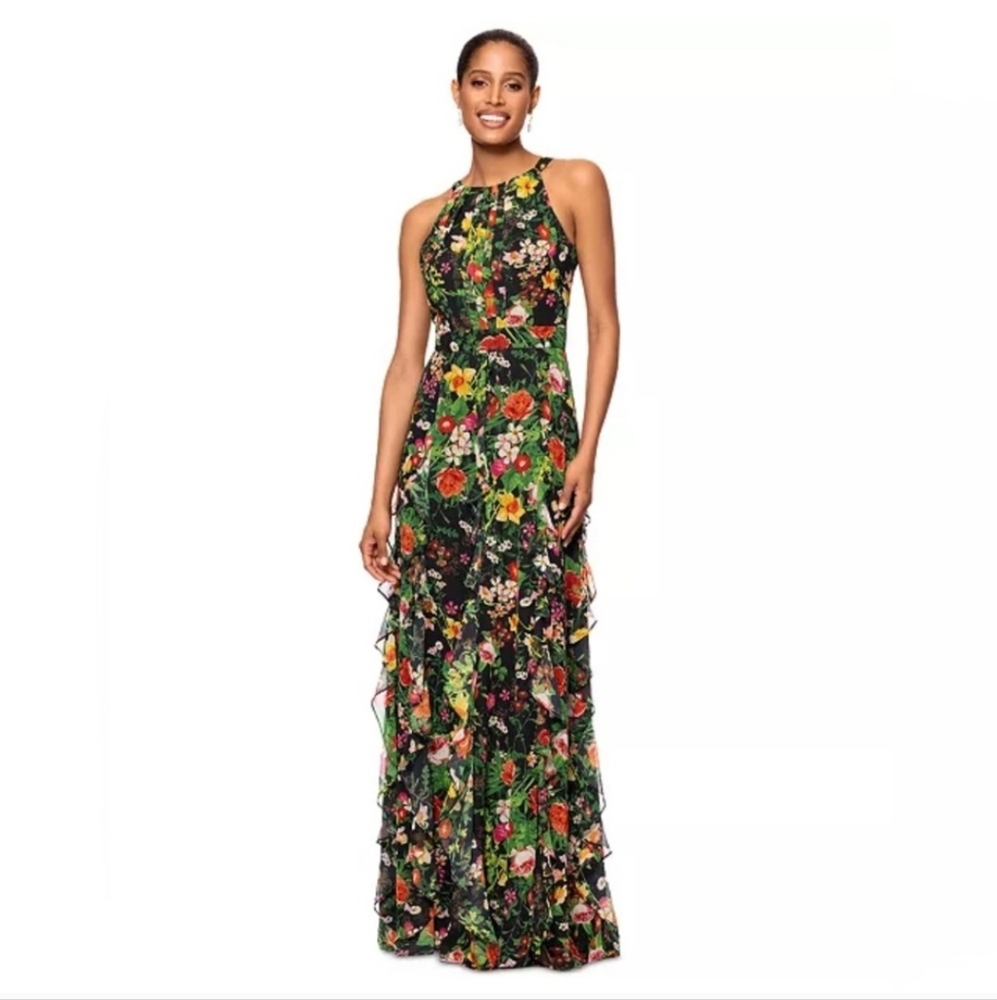 Betsy & Adam Women's Floral-Print Ruffled Halter Gown